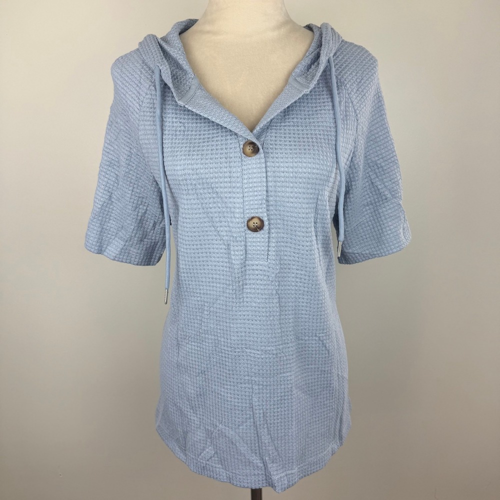 NWT Dokotoo Womens Light Blue Waffle Knit Short Sleeve Knit Hooded Top Size LG